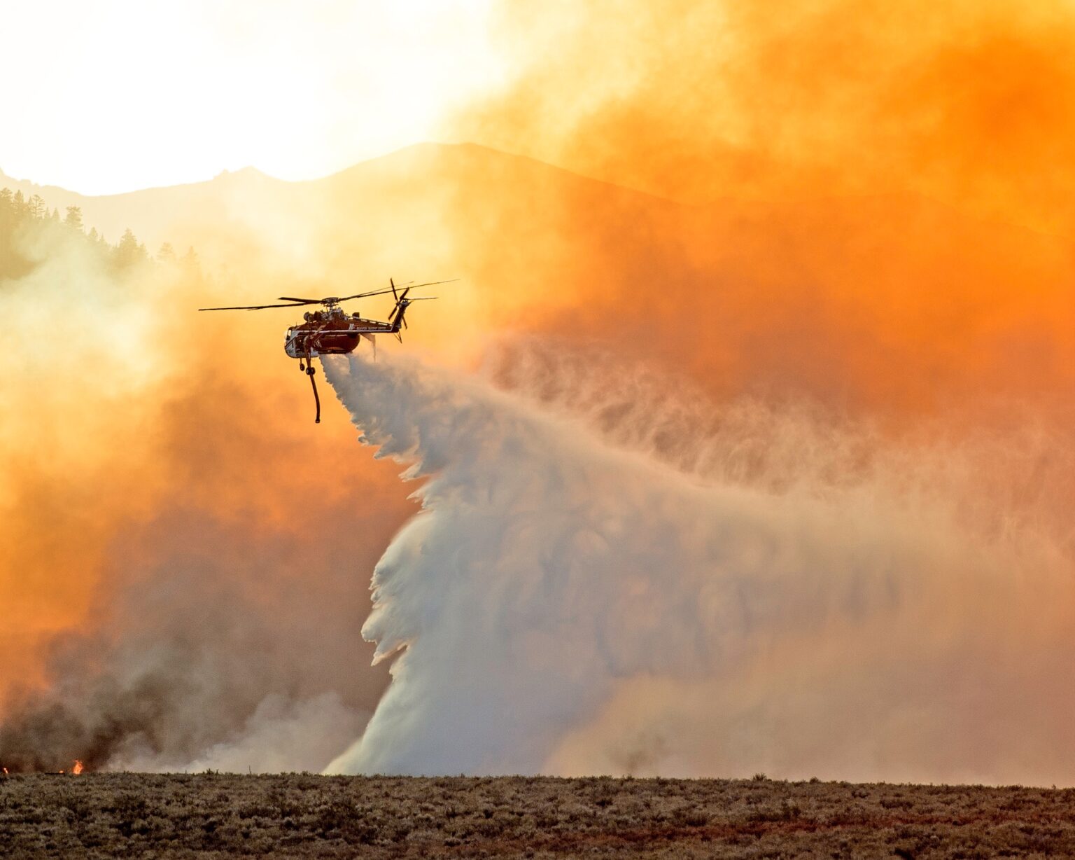 A Sikorsky S-64 "Skycrane" capable of carrying nearly 3,000 gallons of water makes a drop along the southwest edge of the Owens River fire Saturday afternoon.
Photo by Mike Chacanaca
